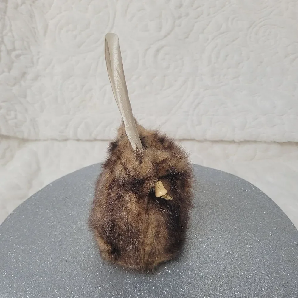 Brown Faux Fur Purse Drawstring Top Small Bag Satin Lined Rigid Handle Holiday